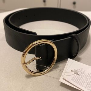 Black leather belt with gold loop- size large, $8